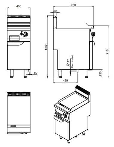 Fry top gas con piastra liscia - cm 40 x 70 x 108.5 h
