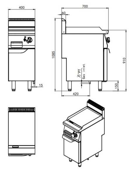 Fry top de gas con placa lisa - cm 40 x 70 x 108,5 h