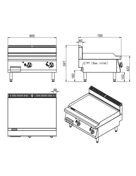 Fry top de gas con placa lisa - cm 80 x 70 x 54,7 h Fry top de gas con placa lisa - cm 80 x 70 x 54,7 h