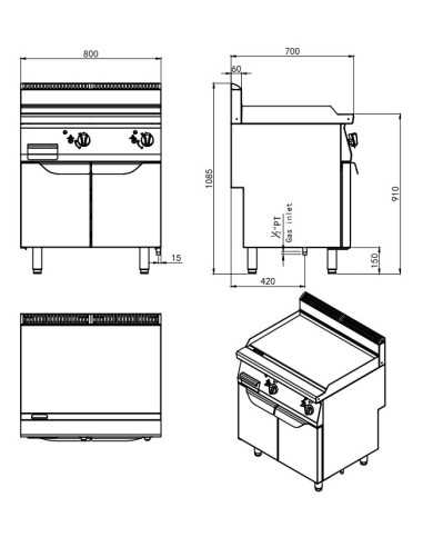 Gas fry top with smooth plate - cm 80 x 70 x 108.5 h