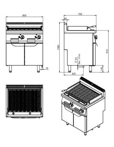 Griglia a pietra lavica - cm 80 x 70 x 108.5h
