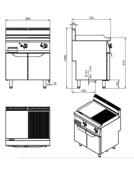 Fry top a gas con piastra 1/2 liscia 1/2 rigata - cm 80 x 70 x 108.5h Fry top a gas con piastra 1/2 liscia 1/2 rigata - cm 80 x 70 x 108.5h
