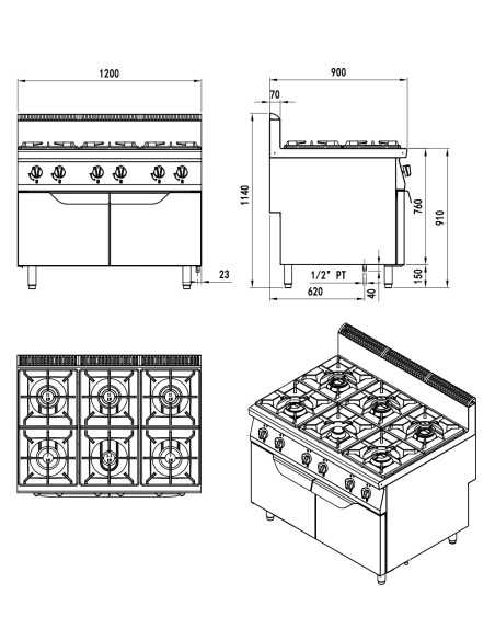 Gas cooker with 6 burners - Compartment with doors - cm 120 x 90 x 114h Gas cooker with 6 burners - Compartment with doors - cm 120 x 90 x 114h