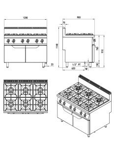 Cucina a gas con 6 fuochi - Vano con ante - cm 120 x 90 x 114h 2