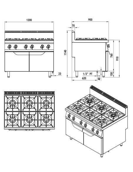 Cucina a gas con 6 fuochi - Vano con ante - cm 120 x 90 x 114h Cucina a gas con 6 fuochi - Vano con ante - cm 120 x 90 x 114h