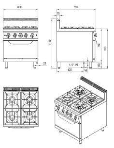 Cocina de gas con 4 fuegos y horno a gas - cm 80 x 90 x 114 h 2