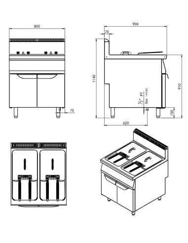 Fryer gas with two tanks 21 + 21 liters - cm 80 x 90 x 114h