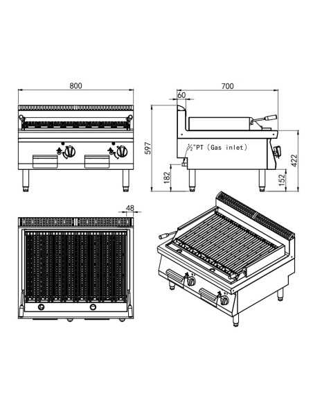 Lava stone grill - Countertop - cm 80 x 70 x 54.7 h