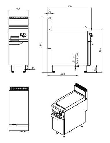 Fry top a gas con piastra liscia - cm 40 x 90 x 114h