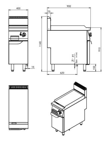 Fry top a gas con piastra liscia - cm 40 x 90 x 114h Fry top a gas con piastra liscia - cm 40 x 90 x 114h