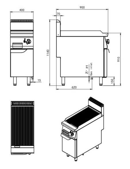 Fry top a gas con piastra rigata - cm 40 x 90 x 114h Fry top a gas con piastra rigata - cm 40 x 90 x 114h