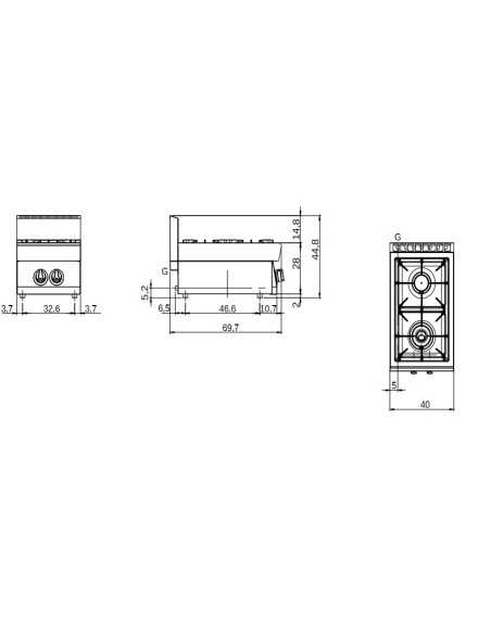 Cucina a gas - Banco - N. 2 fuochi - cm 40 x 70 x 30h