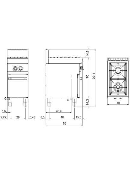 Cucina a gas - N. 2 fuochi - cm 40 x 70 x 85h