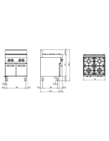 Cocina de gas - N. 4 incendios - cm 70 x 70 x 85h