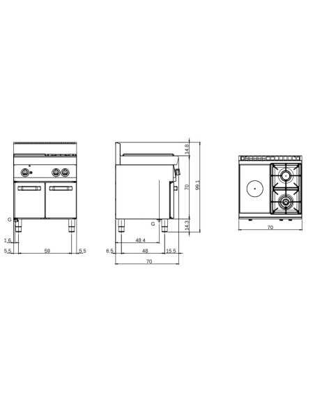Cucina tuttapiastra a gas - N. 2  fuochi - cm 70 x 70 x 85h