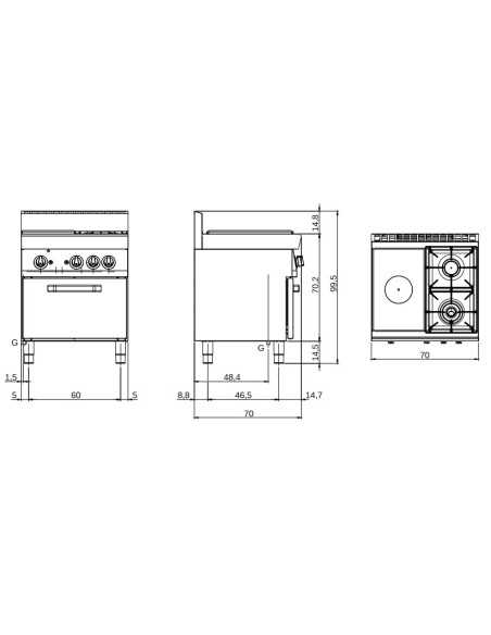 Gas cooker - Plate + 2 fires - Gas oven - cm 70 x 70 x 85h