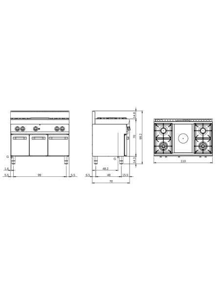 Cucina tuttapiastra a gas - N. 4 fuochi - cm 110 x 70 x 85h