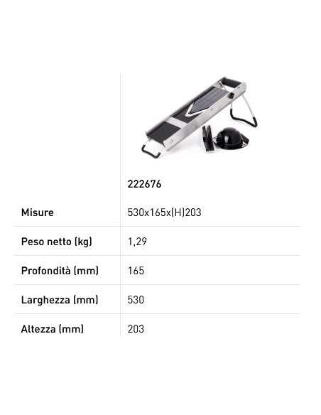Mandolina con hoja V - Con 2 cuchillas de acero inoxidable extra - mm 530 x 165 x 203h