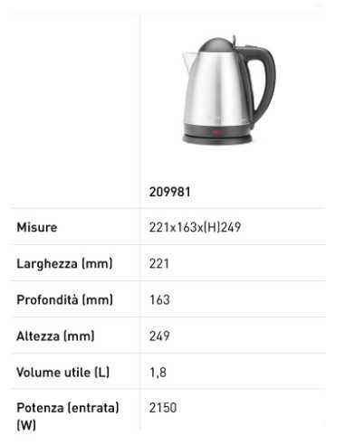 Bollitore elettrico professionale 1,8 litri per acqua