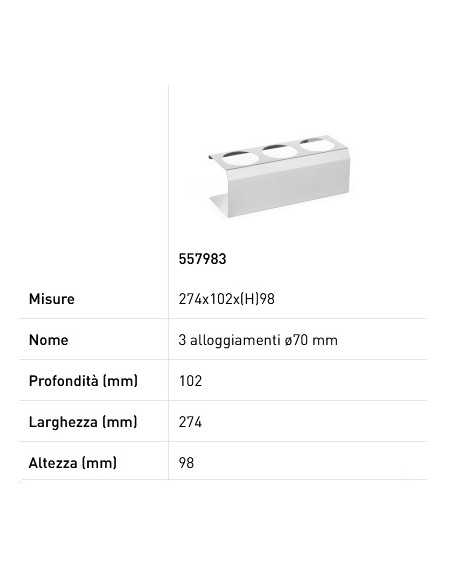Supporto per dispenser - Per dispenser da Ø mm 50 - 3 alloggiamenti - mm 209 x 80 x 78h