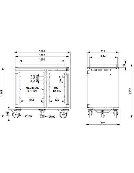 Carrello termico - vassoi n. 10 x GN 1/1 + N. 8 x GN 2/1 - cm 128.8 x 77.3 x 123.7 h