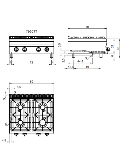 Cucina a gas - Banco - N. 4 fuochi - cm 80 x 70 x 29.5 h