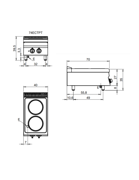 Cocina eléctrica - Banco - N. 2 platos - cm 40 x 70 x 29.5 h