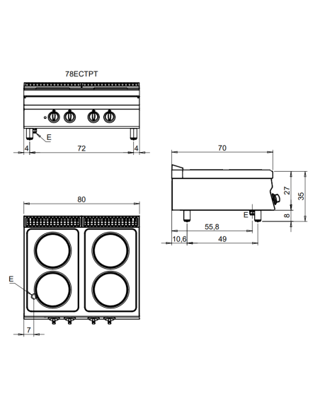 Cucina elettrica - Banco - N. 4 piastre - cm 80 x 70 x 29.5 h