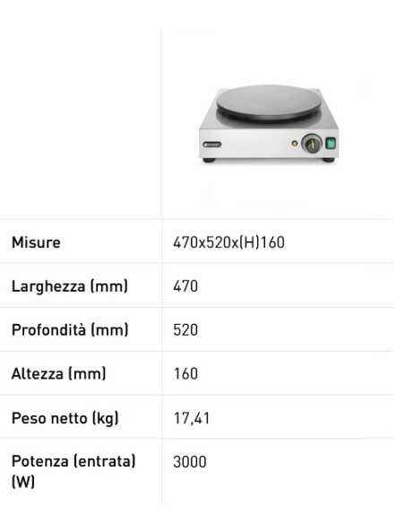 Single electric crepe maker - Diameter mm 400 - Power W 3000
