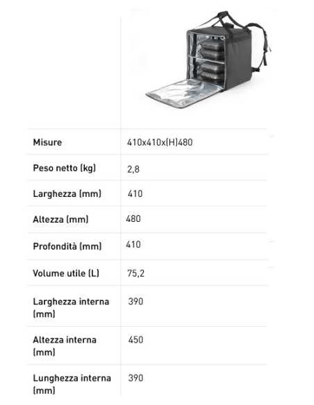 Zaino per consegna alimenti - Nero - Fino a 10 cartoni di pizza - Termico - cm 41 x 41 x 49h