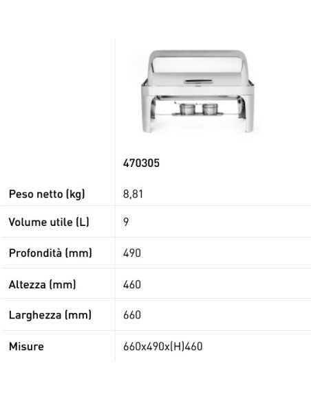 Chafing dish - Teglia GN 1/1 - Contenitore per combustibile - mm 660 x 490 x 460h