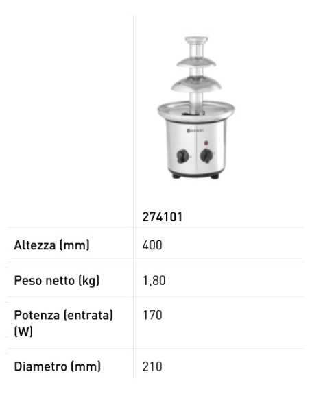 Fontana di cioccolato - Capacità Kg 1/1,5 - mm Ø 210 x 390h