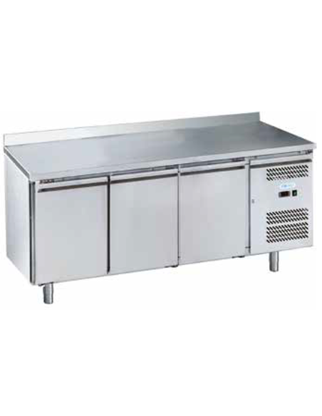 Refrigerated table with 3 doors and splashback - cm 179.5 x 70 x 85/95 h Refrigerated table with 3 doors and splashback - cm 179.5 x 70 x 85/95 h