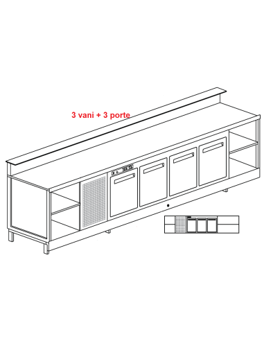 Banco bar - Linear - Refrigerated - N.3 doors + 3 rooms - cm 350 x 68.8 x 113.1 h