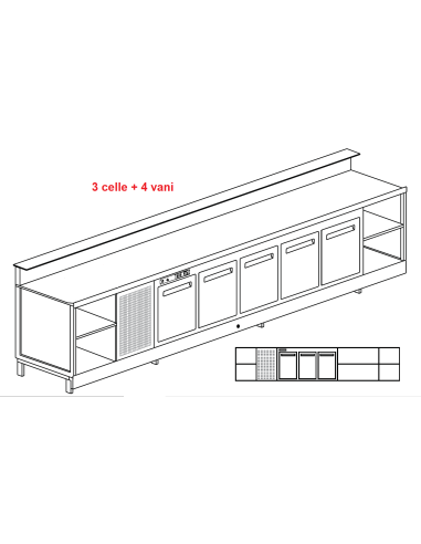 Banco bar - Linear - Refrigerated - N.3 doors + 4 rooms - cm 400 x 68.8 x 113.1 h
