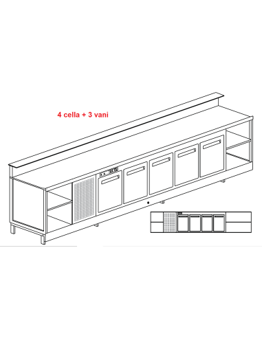 Banco bar - Linear - Refrigerated - N. 4 doors + 3 rooms - cm 400 x 68.8 x 113.1 h