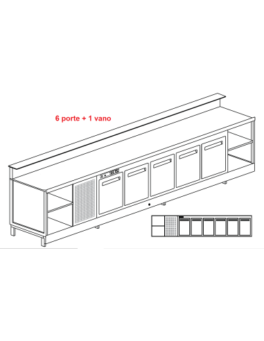 Banco bar - Linear - Refrigerated - N. 6 doors + 1 compartment - cm 400 x 68.8 x 113.1 h