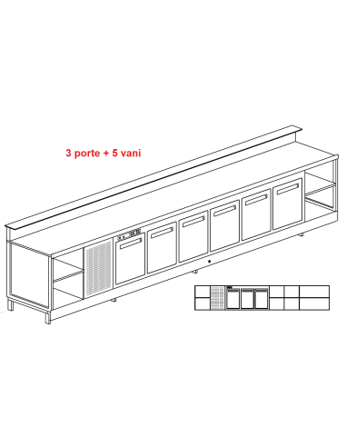 Banco bar - Linear - Refrigerated - N.3 doors + 5 rooms - cm 450 x 68.8 x 113.1 h