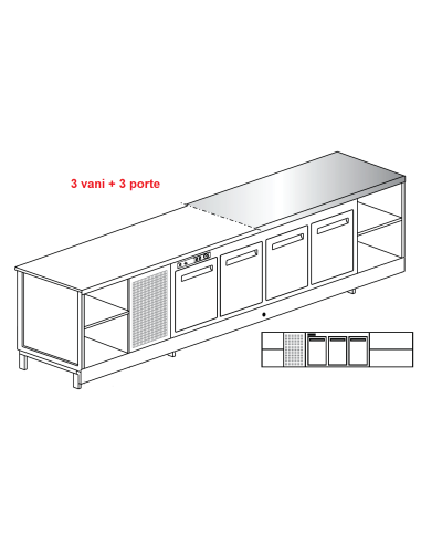 Banco bar - Refrigerated - N. 3 doors + 3 rooms - Stainless steel top - cm 350 x 68.8 x 95.1 h