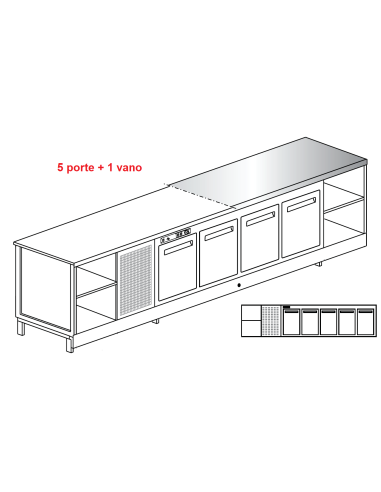 Banco bar - Refrigerated - N. 5 doors + 1 compartment - Stainless steel - cm 350 x 68.8 x 95.1 h