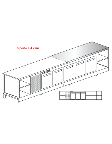 Banco bar - Refrigerated - N. 3 doors + 4 rooms - Stainless steel top - cm 400 x 68.8 x 95.1 h
