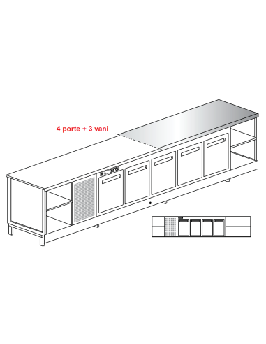 Banco bar - Refrigerated - N. 4 doors + 3 rooms - Stainless steel top - cm 400 x 68.8 x 95.1 h
