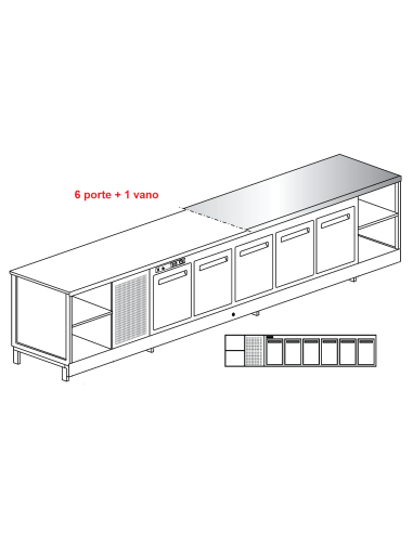 Banco bar - Refrigerated - N. 6 doors + 1 compartment - Stainless steel - cm 400 x 68.8 x 95.1 h