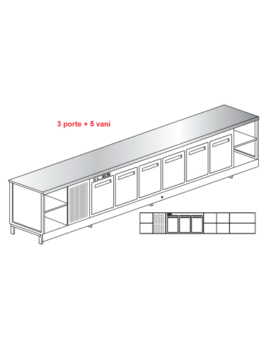 Banco bar - Refrigerated - N. 3 doors + 5 rooms - Stainless steel top - cm 450 x 68.8 x 95.1 h