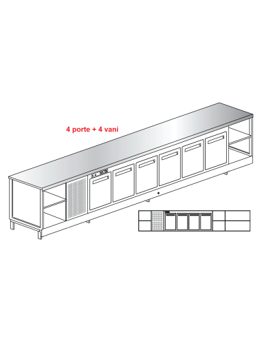 Banco bar - Refrigerated - N. 4 doors + 4 rooms - Stainless steel top - cm 450 x 68.8 x 95.1 h