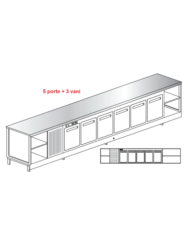 Banco bar - Refrigerated - N. 5 doors + 3 rooms - Stainless steel - cm 450 x 68.8 x 95.1 h