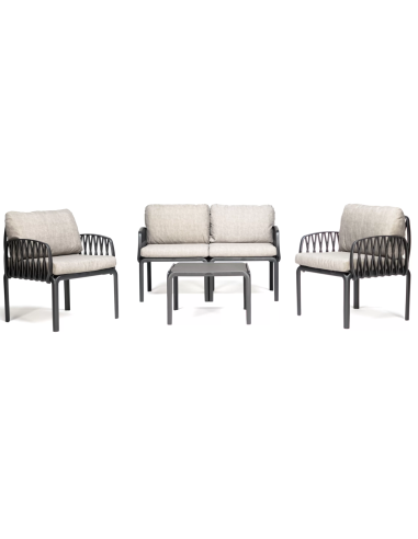 Set de polipropileno y fibra de vidrio - Dos sillones - Sofa 2 asientos - Mesa cm 62 x 62