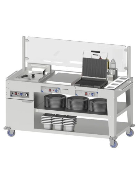 Professional Mobile Snack Cart with 12 Litre Fryer, Flat Griddle and Ribbed Panini Grill