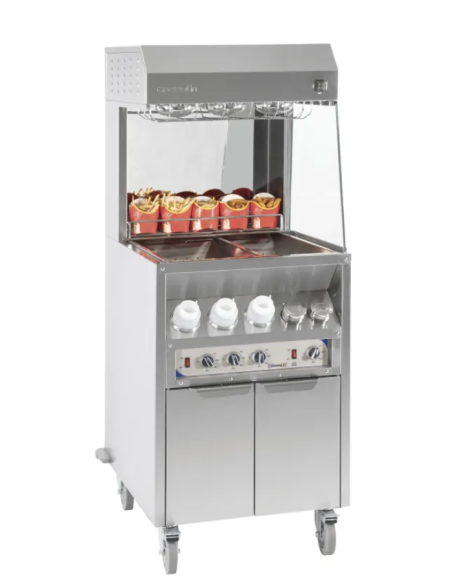 Professional French Fry Warmer with 3 Independent Sauce Warmers and Storage Cabinet