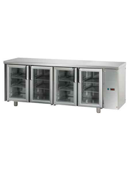 Refrigerated table without right-side unit, with 4 glass doors - cm 211 x 70 x 80/101h